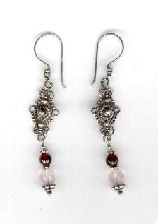 boucles oreilles en argent de Bali,Grenat et Quartz rose