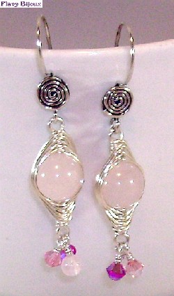 boucles d'oreilles tissées en fil d'argent avec quartz rose et  cristal de swarovski